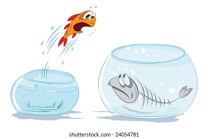 small gold small fish jumps out of an aquarium