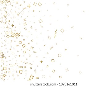 Pequeño fondo vectorial de confeti geométrico dorado con triángulo, círculo, formas cuadradas, cintas de línea de chevron y ondulación. Confeti de tinte amarillo dorado estilo bauhaus estilo años 80 cayendo sobre blanco.