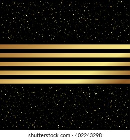 Small gold paint splash on black background with gold stripes. Vector illustration.