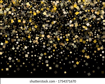 Small Gold Square Confetti Sparkles Flying On Black. Shiny New Year Vector Sequins Background. Gold Foil Confetti Party Explosion Texture. Rhombus Sparkles Party Background.