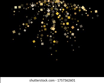Kleine Goldquadrat Konfetti Funkeln streuen auf Schwarz. VIP Feiertag, Vektorgrafik sequenziert Hintergrund. Goldfolie Konfetti Party Explosion Illustration. Quadratische Stücke, Partyhintergrund.