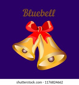 Small golden bell with red ribbon, cartoon on dark blue background, vector