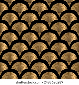 Small golden fans on black background. Vector seamless pattern. Art deco style. Vintage background. Luxury print