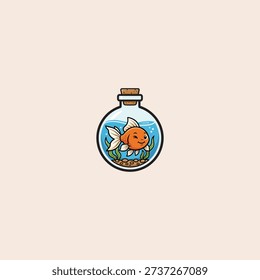 Small Goldfish in a Round Bottle icon flat vector design.