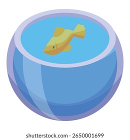 Small goldfish swimming in a round fishbowl filled with blue water, representing home aquarium and pet care