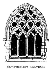 Small Gothic Window Tracery commonly found in Gothic architecture, rather arbitrary categories, during the fourteenth century, vintage line drawing or engraving illustration