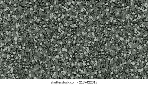 Small grainy pavement vector texture. Bitumen roof sheet pattern. Road black structure wallpaper. Asphalt highway closeup shape. Gravel green little rocks. Tarmac road way. Dark cement backdrop. Roof