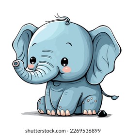 A small gray and blue elephant. Little baby elephant. A friendly little elephant with big dark eyes.