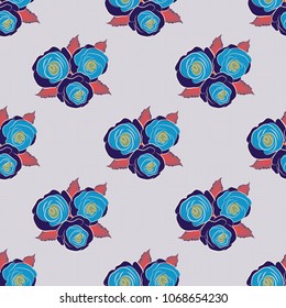 Small gray and blue rose flowers. Vector seamless floral pattern. Cute seamless pattern in small rose flowers.