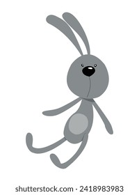 Small gray bunny with long ears sits. Favorite children's toy for a child. Plush cute animal. Hand drawn vector illustration on white background for children's room, banner, print, packaging, card.