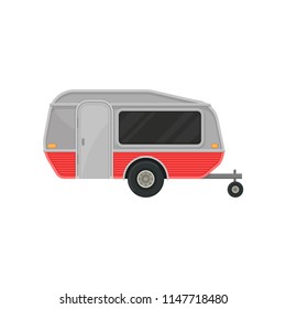 Small gray camper trailer with door and big tinted window, side view. Recreational vehicle. Home of wheels. Flat vector icon