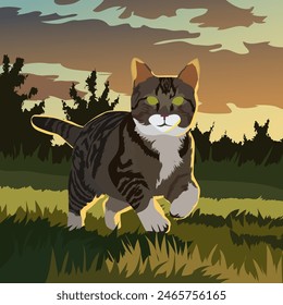 A small gray cat with stripes is running across a field at dawn or dusk. The illustration is made mainly in warm colors. The painting conveys beauty, peace and pleasure, childhood, and playfulness.