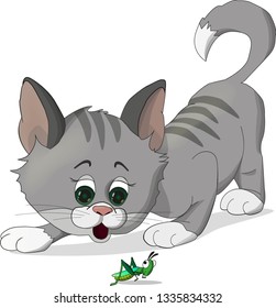 Small gray kitten looking at a green funny grasshopper. Vector illustration with white background.