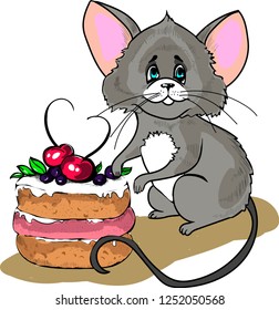 Small gray mouse with a delicious cake with fresh berries and fruits. Long tail, big ears and mustache, fluffy fur. Isolated vector image on white background.