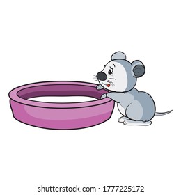 a small gray mouse sits next to a large bowl in which milk is poured, cartoon illustration, isolated object on a white background, vector illustration, eps