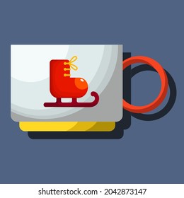 A small, gray mug, on a gray background, with a Christmas decoration. A collection of coffee cups and tea cups. Location. Vector template .