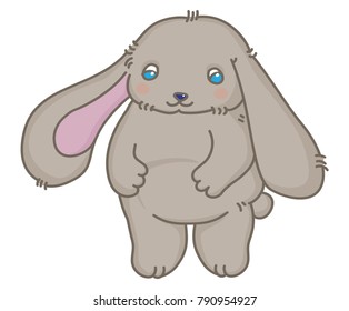 A small gray rabbit with long ears and blue eyes