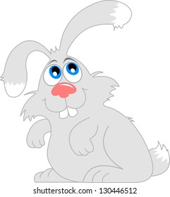 small gray rabbit with a pink nose and blue eyes