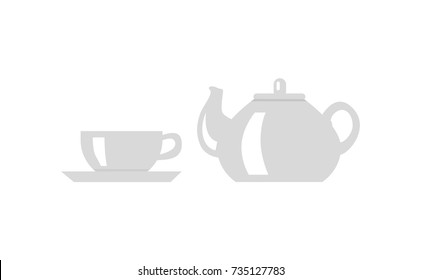 Small gray teapot and cup on plate standing near to it. Vector illustration with icon with tea accessories isolated on white background