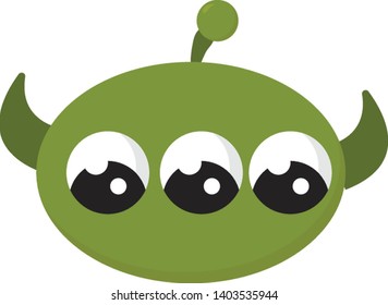 A small green alien with three eyes and two horns , vector, color drawing or illustration.