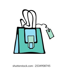 Small green and blue bag with pocket and clasp. Bags for fashion ads, seasonal sales, and store promotions. Sketch illustration. Vector image.