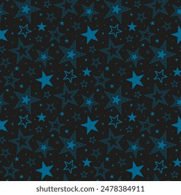 Small green blue stars isolated on a dark black background. Cute monochrome seamless pattern. Vector simple flat graphic illustration. Texture.
