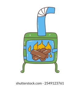 Small green and blue stove for heating house with firewood burning inside. Potbelly stove for heat radiation in cold season. Cozy winter time. Vector isolated illustration hand drawn doodle