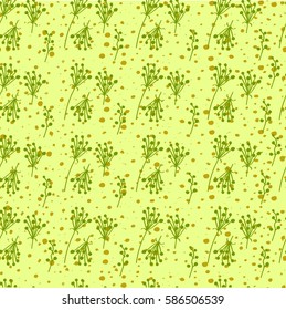 Small green  branches, twigs with seeds, buds  on a yellow background of points. olives, Gentle seamless pattern. Freehand drawing vector design.