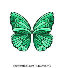 Small green butterfly wings with beautiful pattern and black contour. Flat vector element for postcard or poster