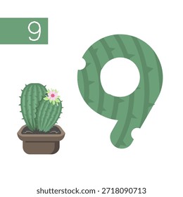 Un Pequeño cactus verde en una maceta marrón con una flor rosa se encuentra junto a un Grande número nueve en forma de cactus, ambos representados en un vibrante color verde.