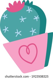 Small green cactus with a flower in a pink pot. Sticker in a cartoon style.