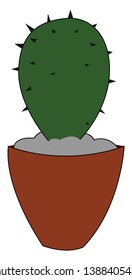 A small green cactus plant with few thorns on an earthen pot provides extra style to the surrounding  vector  color drawing or illustration