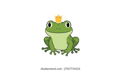 Small green cartoon frog with a friendly smiling face wearing a tiny golden crown on its head as a prince from a classic fairy tale story.