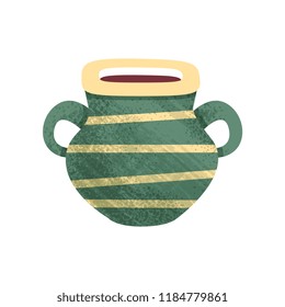 Small green ceramic pot with stripes and two handles. Old vessel for liquids. Antique clay vase. Flat vector icon with texture