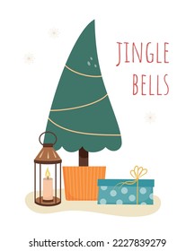 Small green Christmas tree in a tub with candle bronze lantern  and blue polka-dot gift with golden yellow ribbon. Card with Jingle Bells lettering