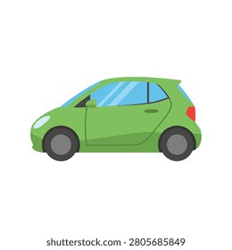 Small green compact city car for eco friendly travel. A vibrant green subcompact car with blue windows in a side profile. Minimalist flat design. Ideal for environmental websites, urban mobility apps, and electric vehicle promotions.