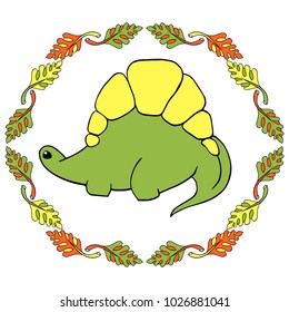 A small green dinosaur stegosaurus is a cartoon character with yellow spiked plates. Lovely funny. surrounded by a frame of palm leaves. Hand drawn vector illustration. Isolated on white background
