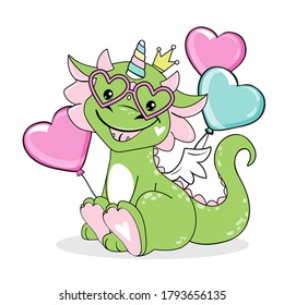 Small green dragon with an inflatable ball and glasses. Birthday card