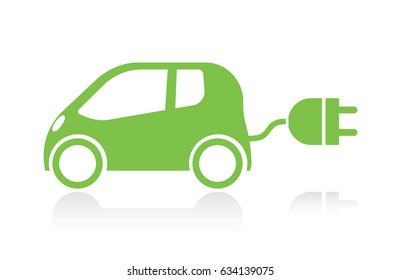 small green electric car with plug isolated on white background