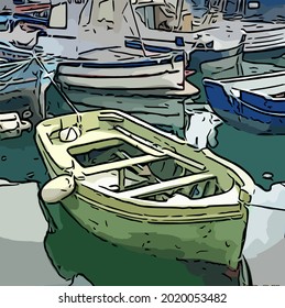 Small green fishing boat on the sea, cartoon, outlines