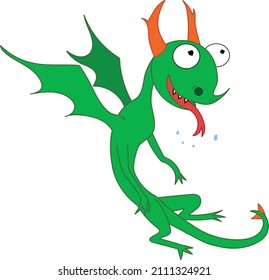 small green flying hungry dragon with tongue out 