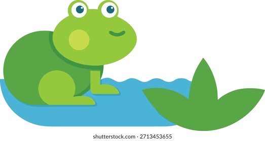 Una Pequeña rana verde se posa sobre un lirio de agua flotando en aguas tranquilas, capturando la vida serena del estanque, los detalles de la vida silvestre y la belleza natural en un entorno vibrante y ecológico.