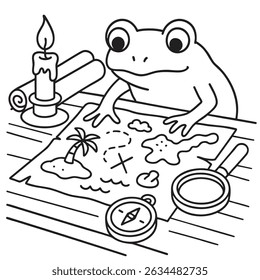 A small green frog is sitting quietly at a table, intently examining an old treasure map filled with mysterious symbols and paths