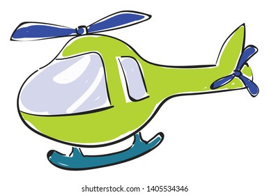 A small green helicopter with skid, anti-torque tail rotor, and rotor blade in blue color, used for transporting people, freight or other supplies, vector, color drawing or illustration. 