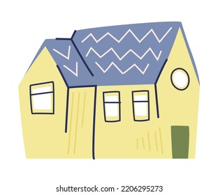 Small Green House with Blue Tiled Roof Vector Illustration