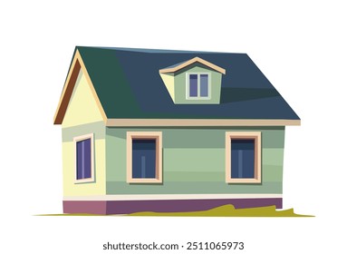 Kleines grünes Haus, flache Vektorgrafik, die eine gemütliche Wohnung mit einem dreieckigen Dach und einer Fensterbank zeigt. Das schlichte und saubere Design betont die Grün- und Gelbtöne.