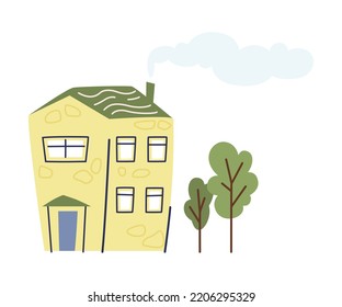 Kleines grünes Haus mit Grünem Baum in der Yard- und Chimney-Vektorgrafik
