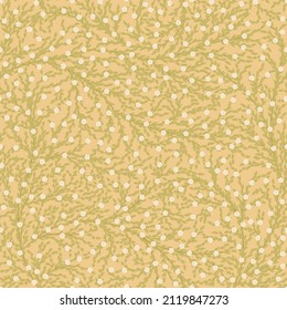 small green leaves and branches with white flowers. floral seamless pattern. beige vector illustration. neutral repetitive background. fabric swatch. wrapping paper. continuous textile design template