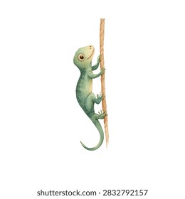 Small green lizard climbing vertically upwards