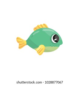 Small green marine fish with yellow fins and shiny eyes. Adorable sea creature. Cartoon aquatic animal. Underwater wildlife. Colorful flat vector design